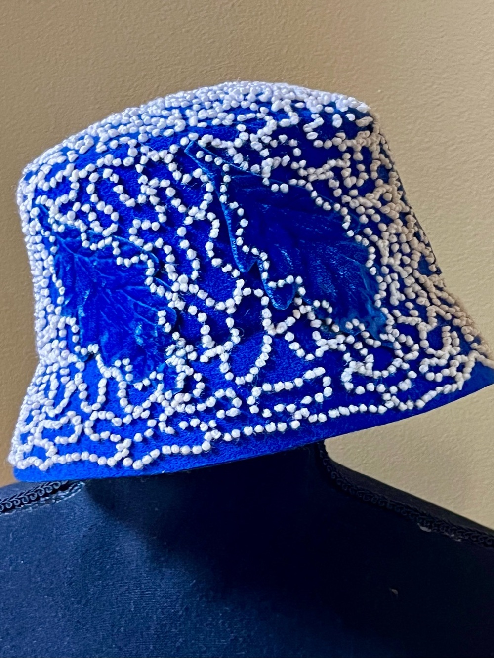 Vintage 60s Glamour Felts Royal Blue Wool Bucket Hat Velvet Leaf Pearl Cording